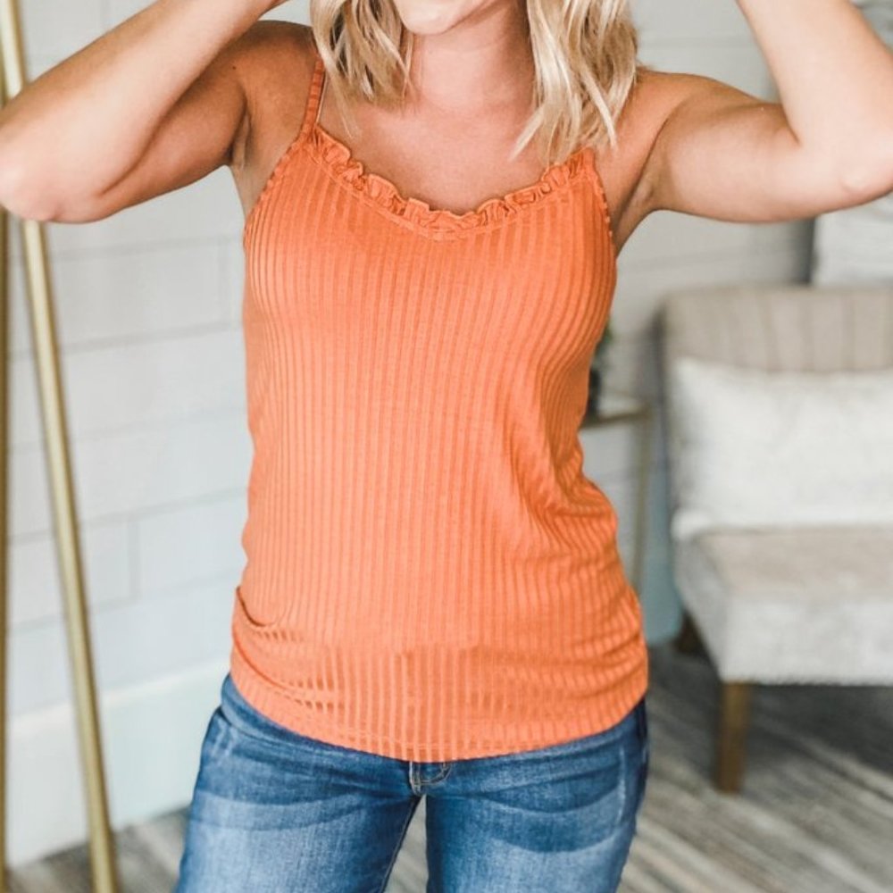 Hem and Thread Lettuce Edge Neck Rib Tank Top - Rust*